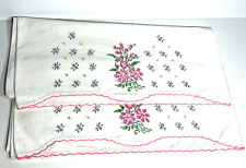 Vintage Hand Embroidered/ Crocheted Pillow Cases Set Grandma Core Pink Flowers picture