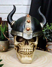 Viking Chieftain Warlord Warrior Odin Skull With Bull Horned Helmet Figurine picture