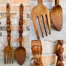 Vintage Mid Century Wood Carved Giant Fork and Spoon Décor picture