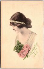 VINTAGE POSTCARD HAND-COLORED TINT ON ELEGANT LADY WATERCOLORED ART SIGNED 1913 picture