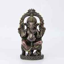 Cold Cast Bronze Hindu God Lord Ganesha Sitting On Chair With Temple Arch Statue picture