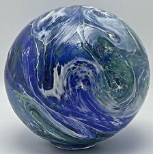 Pyromania Art Glass Float Ball Sphere Clear Blue Aqua Swirl 2003 Signed picture