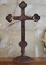 AMAZING LARGE ANTIQUE ORNATE CAST IRON CROSS ENGRAVED STANDING 23