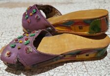 Old Small Wooden Shoes Slides Carvings Heels  Beaded Small Size Slip on 6
