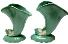 Vintage Weller Pottery Cornucopia Vases PAIR Green Cameo White Roses 6 3/4