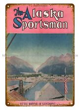 1948 The Alaska Sportsman magazine cover snow mountain bridge metal tin sign picture