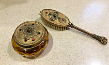 Antique 14kt Gold Plated Jeweled Filligree Hair Brush and Vanity Jar picture