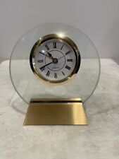 Vntg Brass & Glass Desk/Table Alarm Clock Battery Operated Engravable Base NICE picture