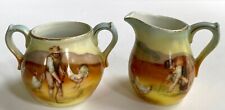 Rare Vintage Creamer Sugar Hand Painted Farmer, Wife Fields Chickens Demitasse picture