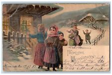 Germany Postcard Christmas Children Winter Scene Embossed c1905 Antique picture