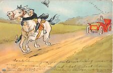 1907 Comic Postcard of Man Clinging To Horse Running From Vintage Automobile picture