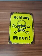 Vintage steel enameled sign CAUTION MINES Achtung Minen WW2 Germany picture