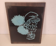 Vintage smurfs glass etched picture 1980's  Smurfette cheerleader squad pom pom picture