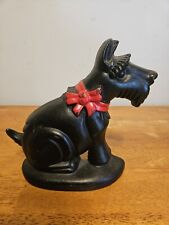 Vintage Black Scottie Dog with Red Bow Cast Iron Door Stop Scottish Terrier picture