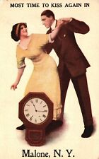 Vintage Postcard Lovers Couple and the Clock Most Time to Kiss Again Malone NY picture