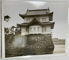 Vintage B&W Photo Japanese Pagoda House Stone Cliff picture