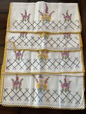 Vintage Bucilla Floral Hand Embroidered Set 4 Half Curtains - Gold Yellow, Pink picture