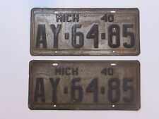 Rare 1940 Michigan License Plate Set Embossed Vintage Metal Pair Deco Mancave picture