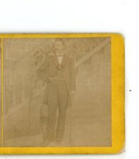 Important Looking Man Posing by Stairway Stereoview picture
