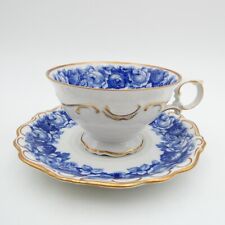 Schumann Bavaria Heirloom Blue Roses Footed Cup and Saucer Gold Trim Germany VTG picture
