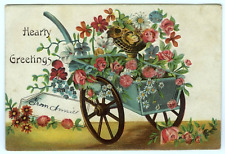 Hearty Greetings Cart Filled with Flowers c1910 Embossed Postcard picture