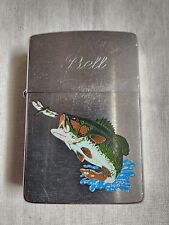 Zippo 1993 Brushed Chrome Lighter Bass Fish Catching Dragonfly. RARE picture