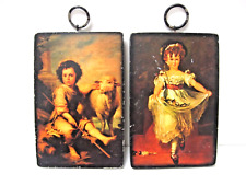 LOT 2 vintage PRINT on wood plaques GIRL carrying flowers BOY w/ lamb picture