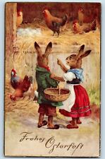 Easter Postcard Anthropomorphic Rabbits With Basket Chicken Hen Eggs Embossed picture