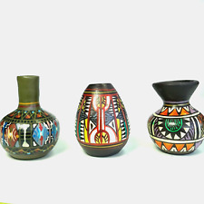South American Miniature Vases Lot Of 3 Handpainted Clay Southwestern 2 Inch picture