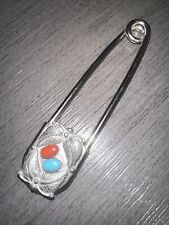 Vintage Native American Navajo Turquoise and Coral Large Safety Pin Key 4.5” picture