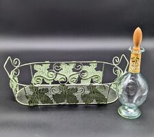 VTG Italian Mod Bamfi glass Bottle with wood cork& Metal Leaf Basket Set picture