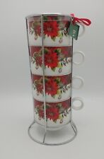 Grace Teaware Porcelain Christmas Stackable Mugs Poinsettia & Plaid NEW picture