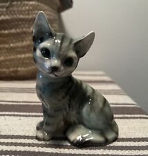 Vintage 1900’s Porcelain Striped Gray Cat With Big Green Eyes - Made In Japan picture