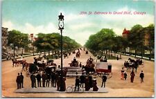 VINTAGE POSTCARD CROWDS GATHERED 35th STREET ENTRANCE TO GRAND BLVD CHICAGO 1910 picture