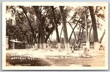 Greybull Wyoming~Park & Campground~Log Cabin Restroom~Painted Trees~Stumps RPPC picture