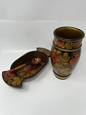 Vintage Russian Khokhloma Laquered Set Vase, Serving Spoon & Tray Lot 3 Piece picture
