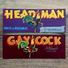 2 Vintage Original 1940s Dancing Rooster GAY COCK Headman CRATE BOX Label NOS picture