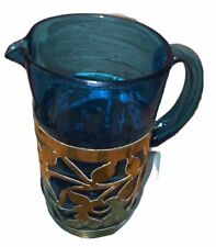 MCM Vintage Caged Blue Art Glass & Brass Pitcher Gorgeous Nice picture