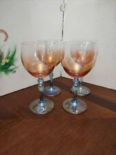 4 Vintage Bohemia Crystal  Wine Glass Stemware Rose Fade Bowl Blue Stem 8 oz. picture