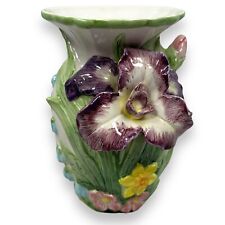 Vintage Fitz and Floyd Omnibus Iris Floral Ceramic Majolica 8” Vase 1994 picture