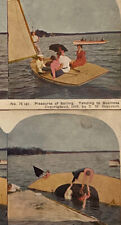Atq Stereoscope Stereograph (2) Photo Cards Color Litho Late 19th Century Boats picture