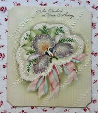 Vintage 1940s UNUSED Birthday Coraline Beaded Orchid Bouquet Greeting Card picture