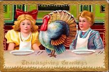 Antique Vintage Postcard~ THANKGIVING ~Boy & Girl at Table w/ TURKEY~GOLD EMBOSS picture