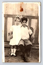 RPPC Handsome Portrait of Boy & His Sister Girl in Dress Real Photo Postcard picture