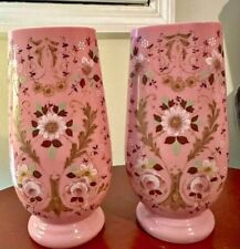 2 Antique Victorian Opaline Pink Milk Glass Hand-Painted Vases Rare picture