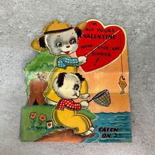 Vintage Valentine Valentines Card Die Cut Fisherman Fishing Dog Nature 1930s 40s picture