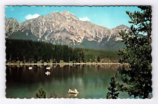 Postcard Canadian Rockies Mountain Lake Boats People Scenic View Canada picture