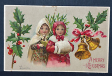 Postcard A Merry Christmas Girls Gold Bells Holley Embossed Printed in Germany picture