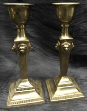 Vtg Atq Heavy Brass Candle Stick Holders Pair Lion Heads Rare Hollywood Regency picture
