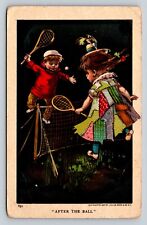 c1907 After the Ball Girl in Patch Work Dress Plays w/Boy ANTIQUE Postcard 1711 picture